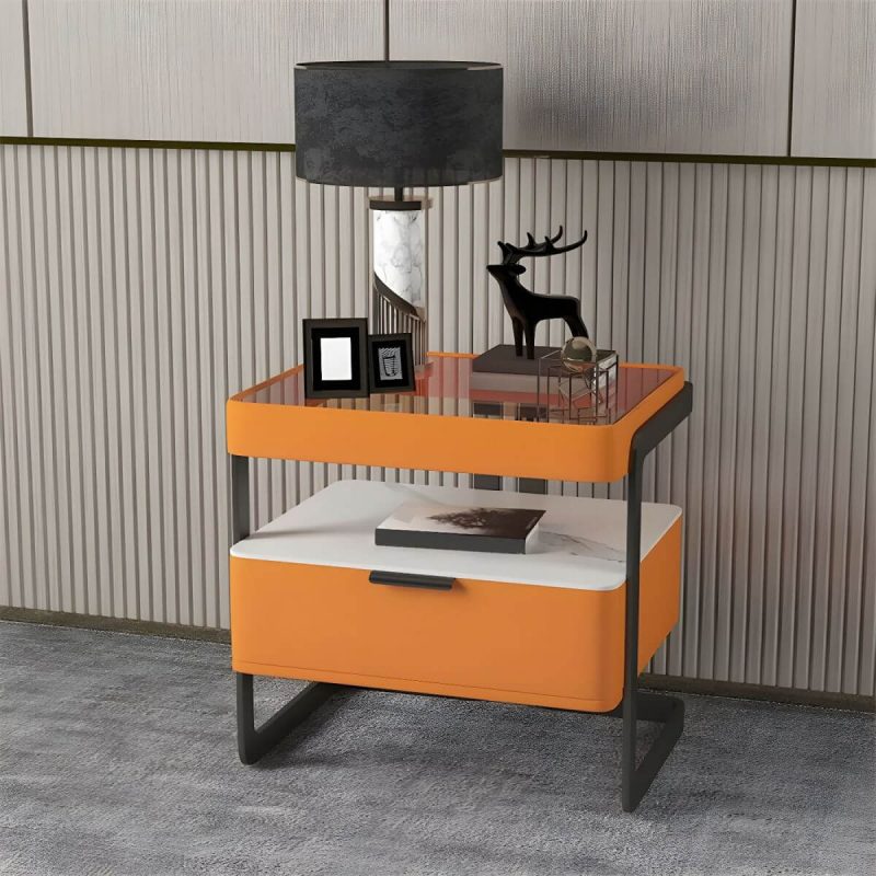 "Modern Wood Nightstand with Glass Countertop and Open Storage - Orange 48 x 40 x 51 cm 1 Piece"