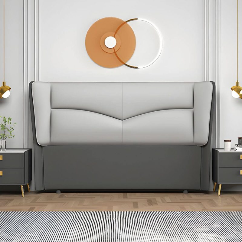"Modern Rectangular Wingback Headboard Bed with Leather Upholstery and Solid Wood Frame - Light Gray 59""