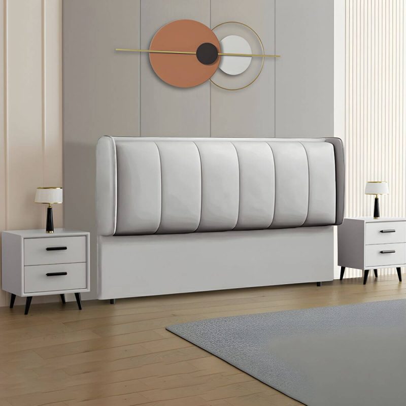 "Modern Upholstered Pine Wingback Headboard with Wood Legs and Solid Wood Frame - 79" Anti Cat Scratch Leather Dark Grey/ Light Grey"