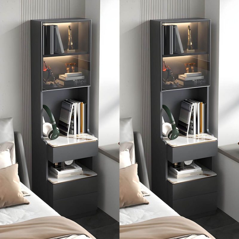 "Modern Grey Wood Nightstand with 3 Drawers in Gray Wood Tone - With Light 2 Piece Set With Backboard 60 x 40 x 180 cm"