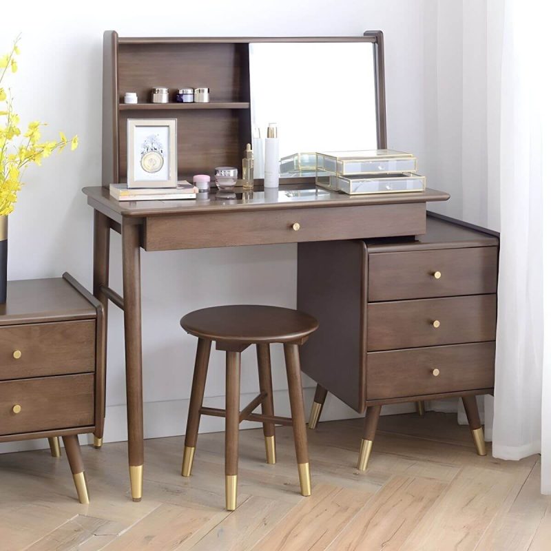"Rectangle Shape Solid Wood Dressing Table Brown with Drawers and Stools - Makeup Vanity & Stools"