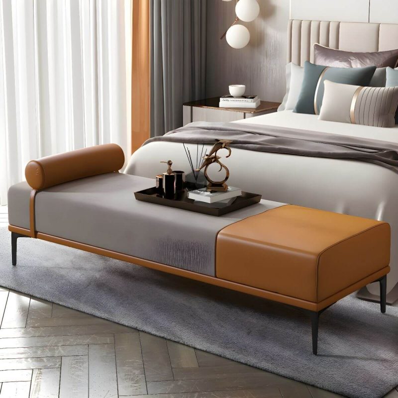 "Modern Fabric and Leather Seating Bench with One Side Arm for Bedroom - Silver Gray"