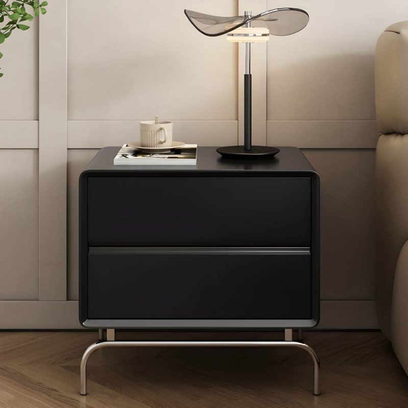 "Modern Black Wood Nightstand with Drawer Storage (2 Drawers) - Black 2 Piece Set"
