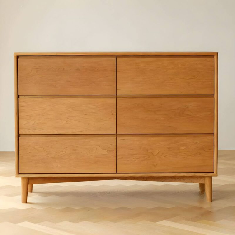 "Cherry Wood Horizontal Chest Modern Brown 6 Drawers Included for Home - Natural Finish"