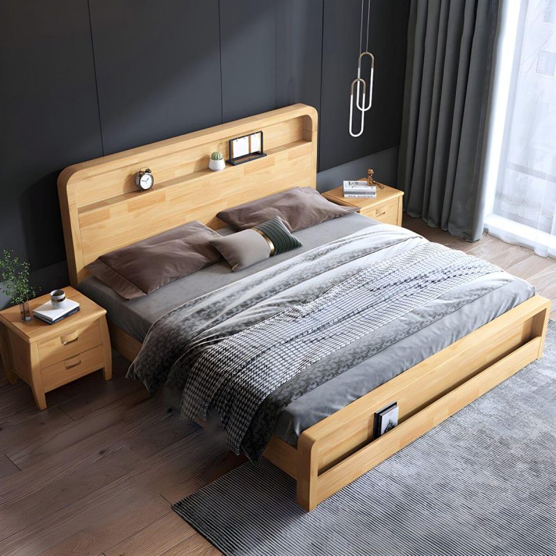 "Nordic Style Solid Wood Upholstered Headboard Wood/white/walnut Bed - Wood Color Queen Bed & Mattress Latex"