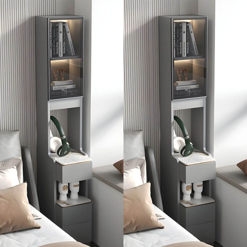 "Modern Grey Wood Nightstand with 3 Drawers in Gray Wood Tone - With Light 2 Piece Set Without Backboard 30 x 40 x 180 cm"