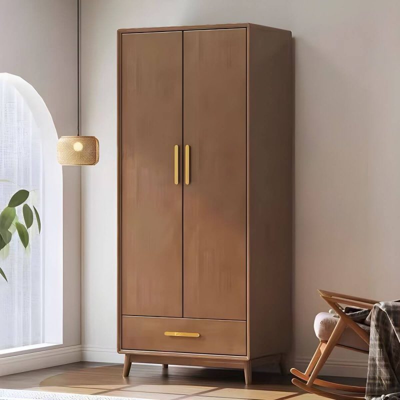 "Scandinavian Natural Wood Wardrobe with Clothing Rod and Shelves for Bedroom - Walnut 2 1 31"L x 22"W x 79"H"