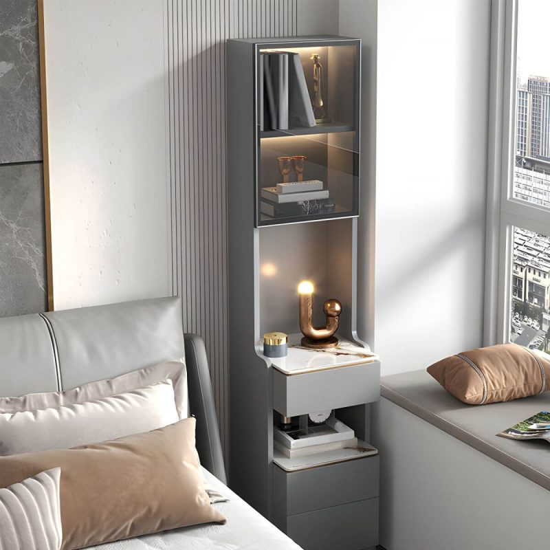 "Modern Grey Wood Nightstand with 3 Drawers in Gray Wood Tone - With Light 1 Piece With Backboard 40 x 40 x 180 cm"