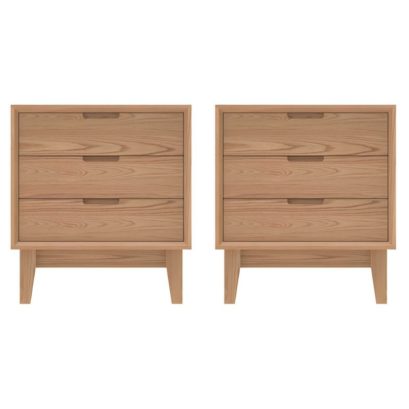 "Scandinavian Style Small Wood Nightstand with Three Lock Free Drawers - Dark Wood 2 Piece Set"