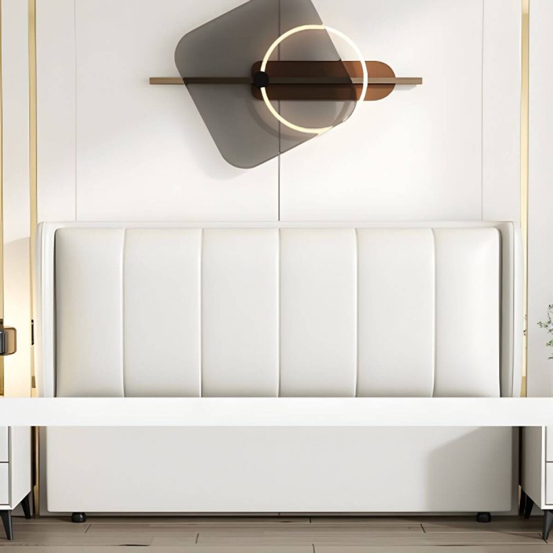 "Modern Upholstered Pine Wingback Headboard with Leather Upholstery and Wood Legs - Off-White 71""