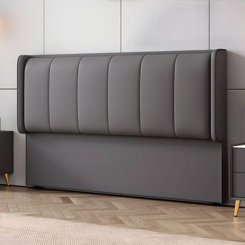 "Modern Upholstered Pine Wingback Headboard with Wood Legs, Standard Height - Microfiber 59" Dark Gray"
