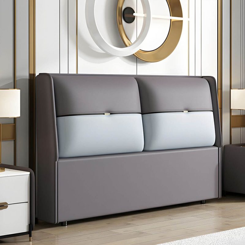 "Modern Upholstered Wingback Headboard in Leather with Wood Legs for Stylish Comfort - Dark Gray/ Orange 71""