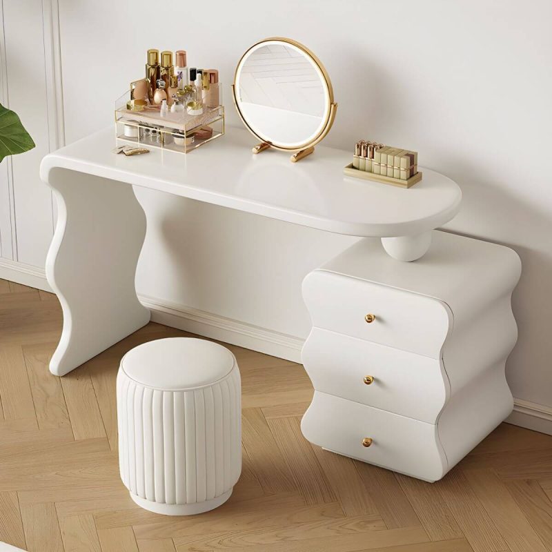 "Contemporary White Storage Cabinet Makeup Vanity with Three Drawers for Bedroom - Makeup Vanity & Mirror & Stools"