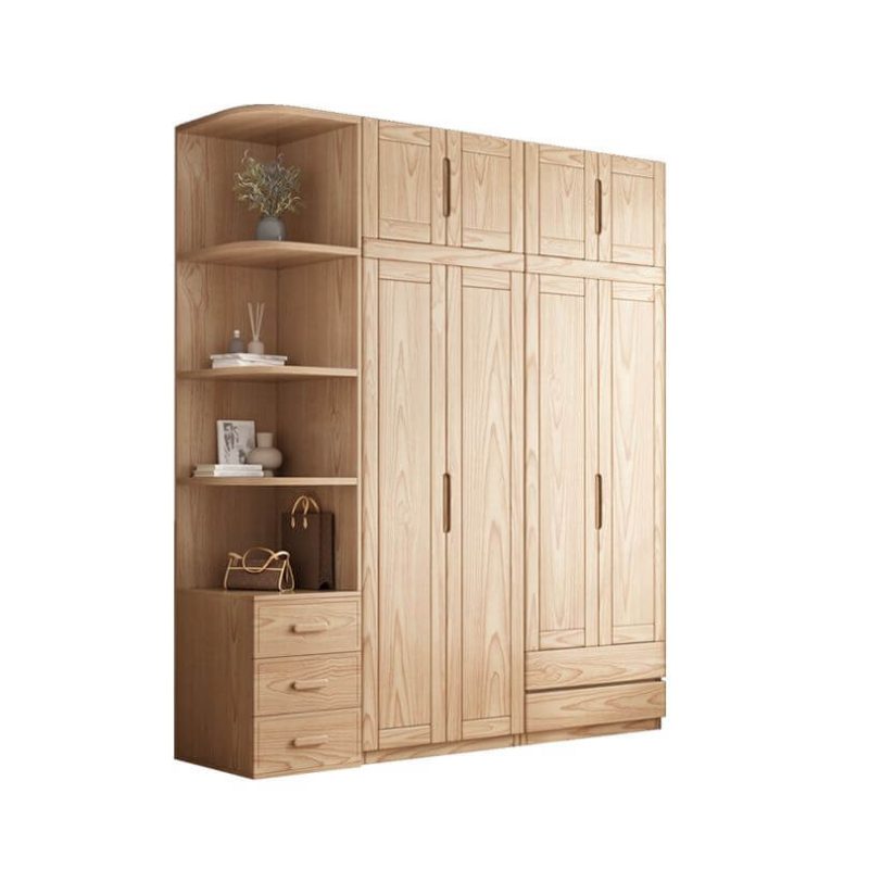 "Ash Wood Wood Color Unfixed Wardrobe Closet, 6 Doors, Armoire & Side Cabinet & Top Cabinet"