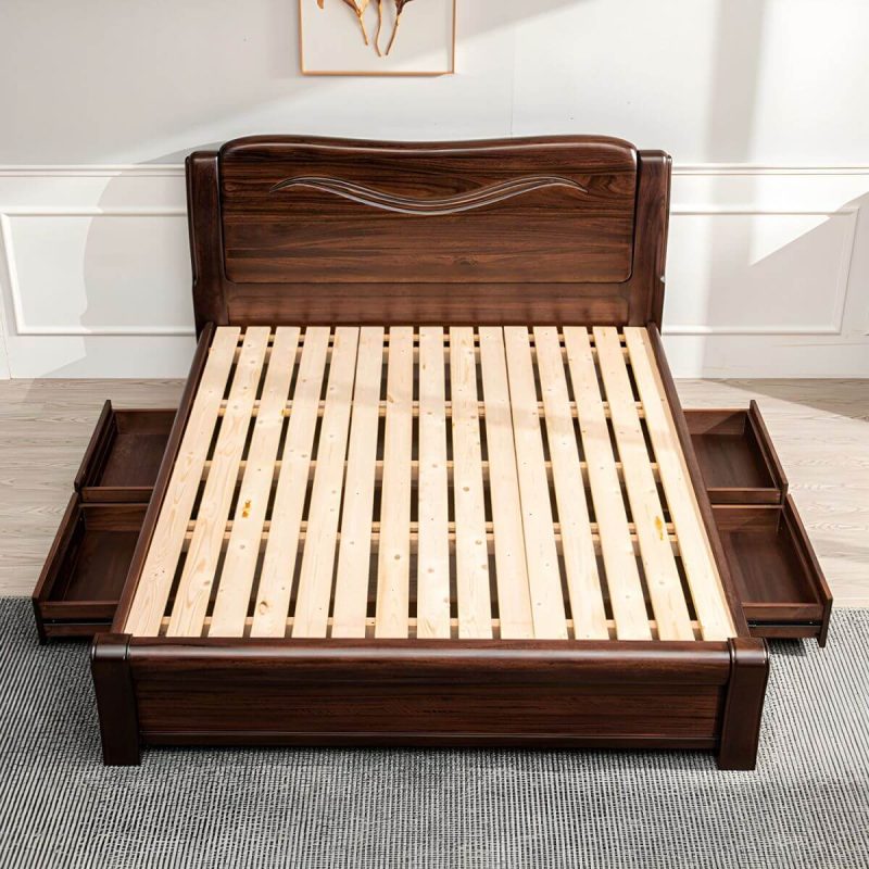 "Solid Wood Walnut Standard Bed Lift Up Storage Bed Frame with Footboard - Full Pull-Out Storage"