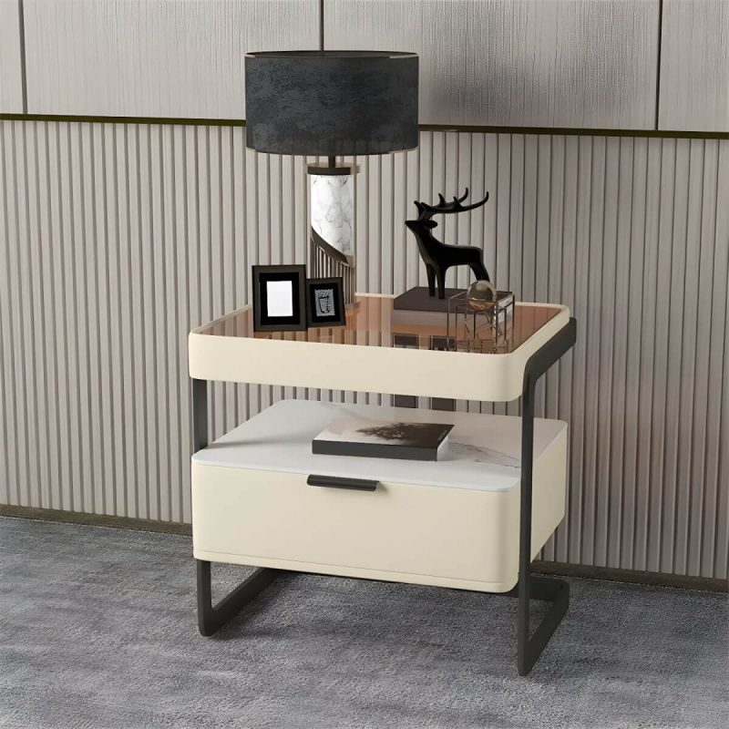 "Modern Wood Nightstand with Glass Countertop and Open Storage - Off-White 48 x 40 x 51 cm 1 Piece"
