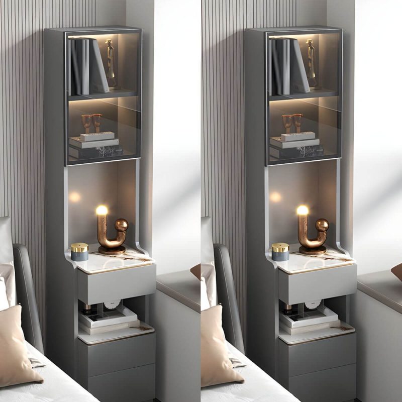 "Modern Grey Wood Nightstand with 3 Drawers in Gray Wood Tone - With Light 2 Piece Set With Backboard 40 x 40 x 180 cm"