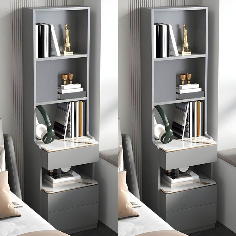 "Modern Grey Wood Nightstand with 3 Drawers in Gray Wood Tone - Without Light 2 Piece Set With Backboard 50 x 40 x 180 cm"