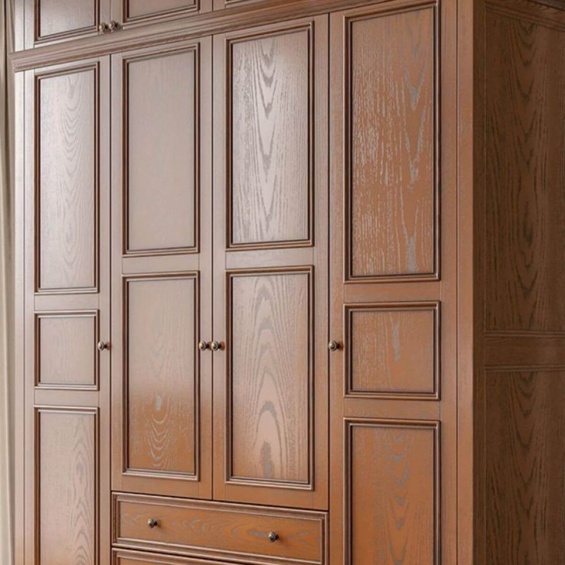"Taupe Art Deco Ash Wood Wardrobe Armoire with 3 Drawers, Interior Shelves, and Clothing Rod, 110"L x 25"W x 86"H"