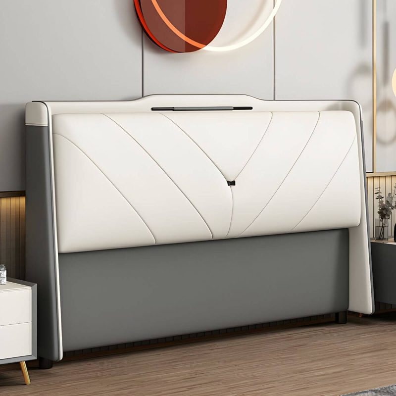 "Modern Upholstered Pine Headboard with Stepped Design and Wood Legs - Silicone Rubber 59" Dark Gray"