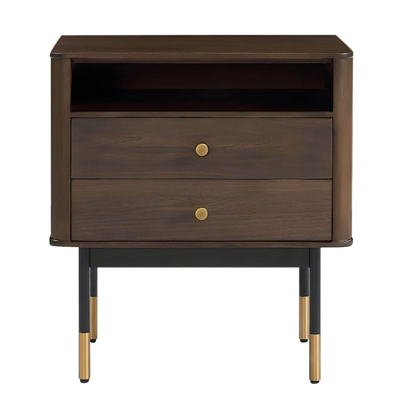 "Mid-Century Modern Wood Nightstand with Drawer Storage and 2 Drawers - 1 Piece Dark Walnut"