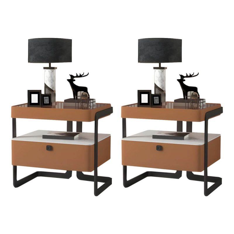 "Modern Wood Nightstand with Glass Countertop and Open Storage - Light Brown 48 x 40 x 51 cm 2 Piece Set"