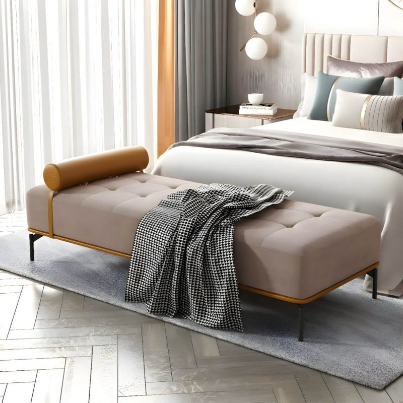 "Tufted Upholstered Modern Bedroom Bench with Rolled Pillow and Wood Frame - Light Coffee"