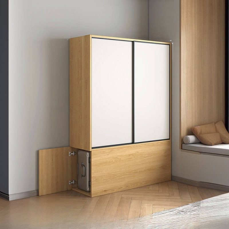 "Natural Finish Art Deco Composite Wood Wardrobe Armoire with Soft Close Door, Interior Shelves, and Clothing Rod, 59.1"L x 15.7"W x 82.7"H, Sliding Door"