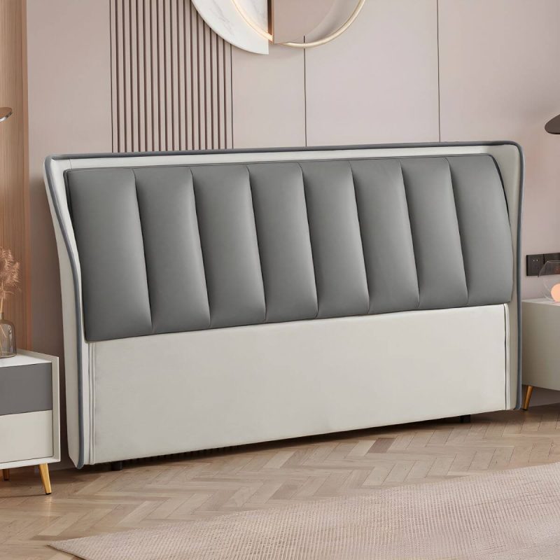 "Wingback Light Wood Pine Headboard with Upholstered Design and Solid Wood Legs - 79" Microfiber Leather Gray/ Beige"