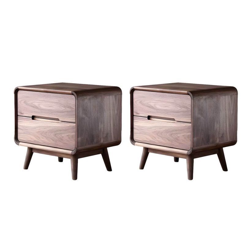 "Stylish Walnut Wood Nightstand with 2 Drawers in Brown Finish - 2 Piece Set"