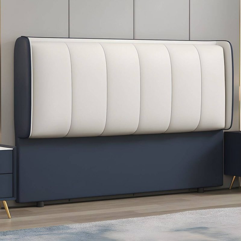 "Modern Upholstered Pine Wingback Headboard with Leather Upholstery and Wood Legs - Blue-White 79""