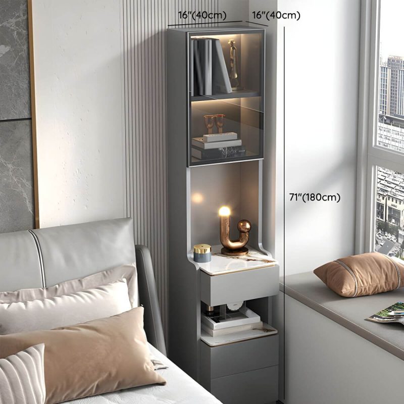 "Dimension of Modern Grey Wood Nightstand with 3 Drawers in Gray Wood Tone - With Light 1 Piece With Backboard 40 x 40 x 180 cm"