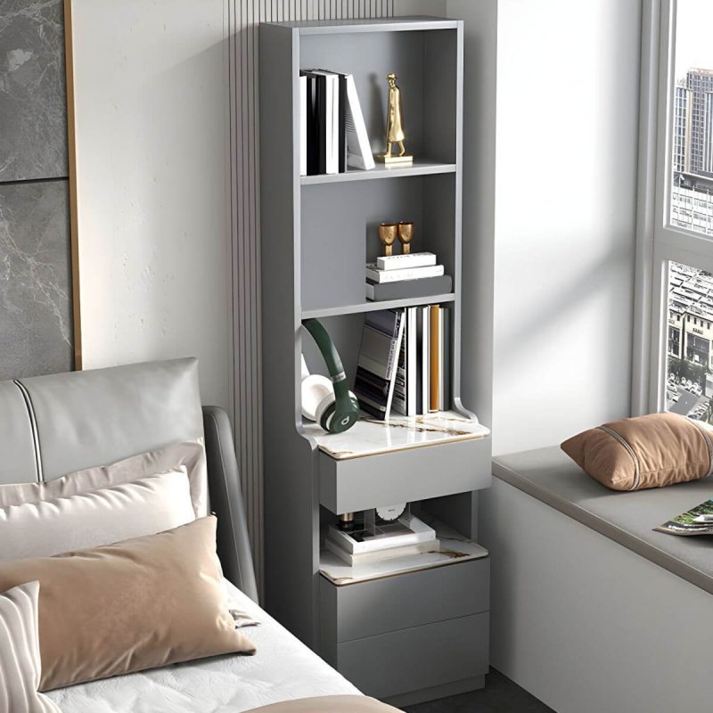 "Modern Grey Wood Nightstand with 3 Drawers in Gray Wood Tone - Without Light 1 Piece With Backboard 50 x 40 x 180 cm"