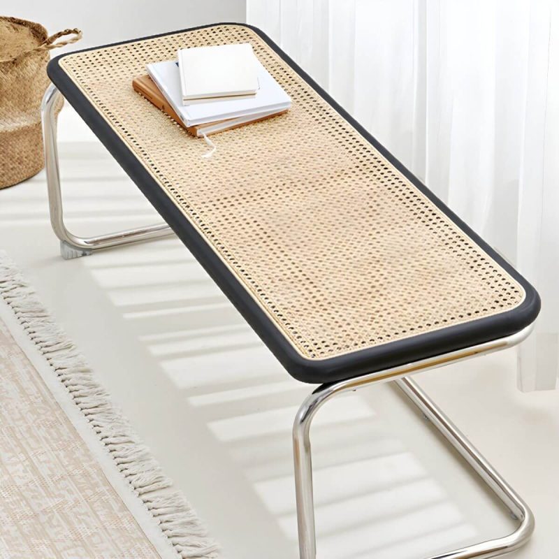 "Scandinavian Style Wicker & Rattan Bedroom Bench with Metal Legs - Cherry Wood"
