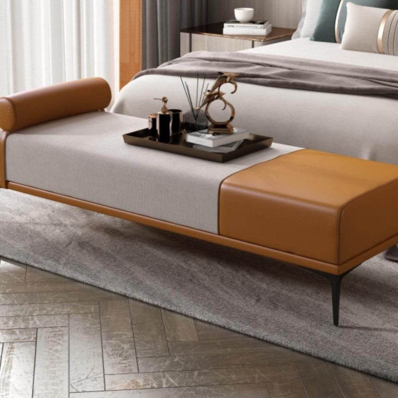 "Modern Fabric and Leather Seating Bench with One Side Arm for Bedroom - Gray-Blue"