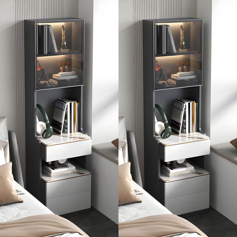 "Modern Grey Wood Nightstand with 3 Drawers in Gray Wood Tone - With Light 2 Piece Set With Backboard 50 x 40 x 180 cm"
