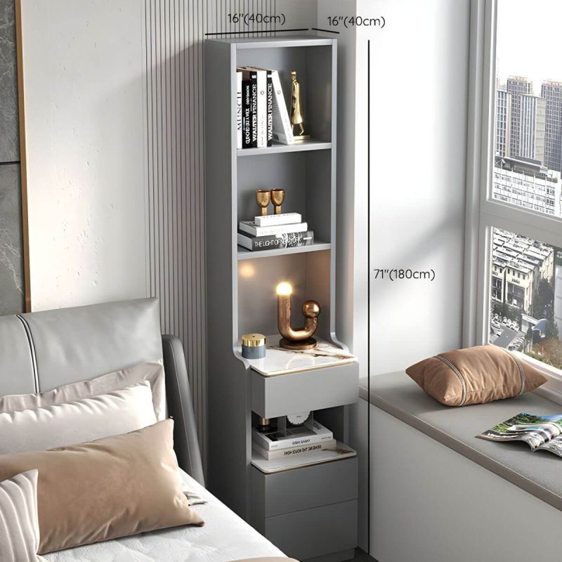 "Dimension of Modern Grey Wood Nightstand with 3 Drawers in Gray Wood Tone - Without Light 1 Piece With Backboard 40 x 40 x 180 cm"