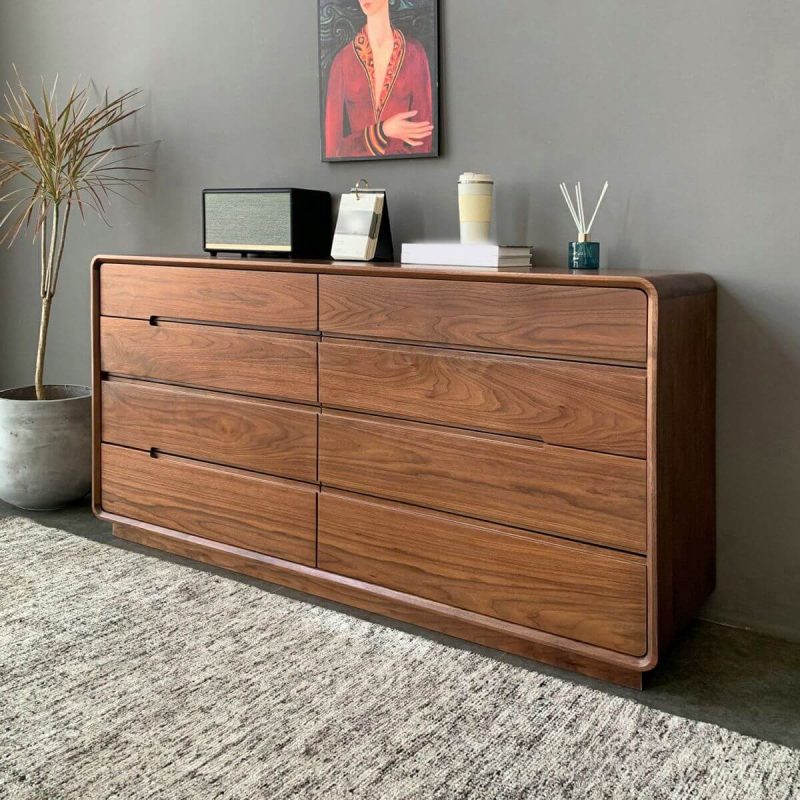 "Scandinavian Walnut Double Dresser with 8 Drawers for Living Room - 71"L x 17"W x 32"H"