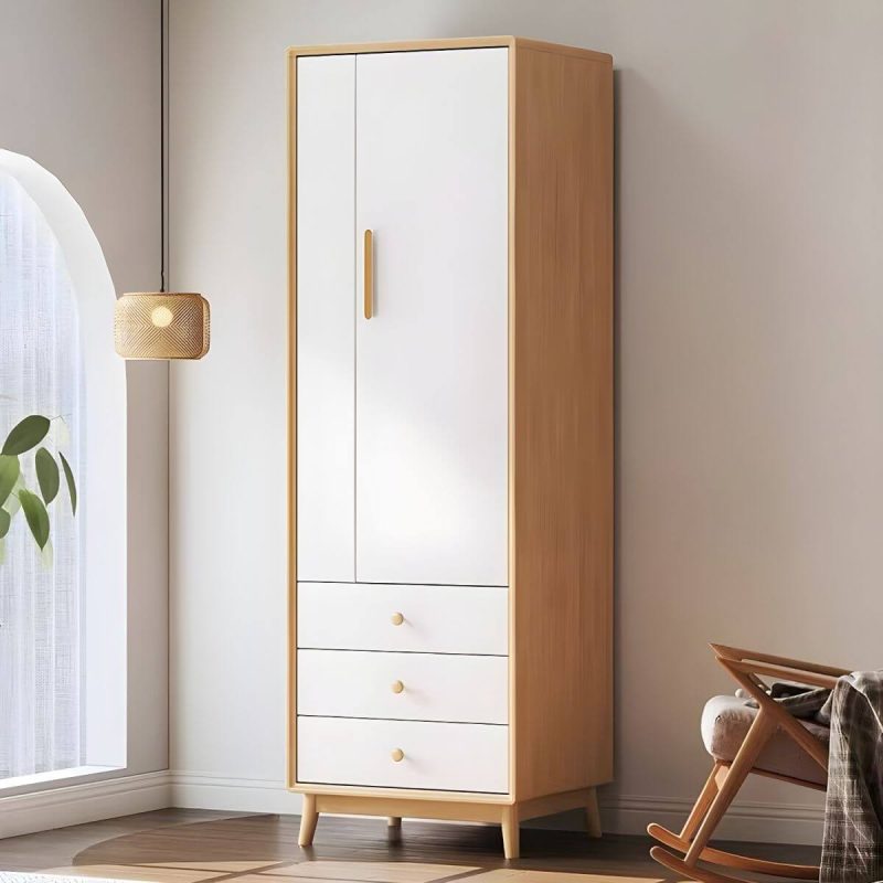 "Scandinavian Natural Wood Wardrobe with Clothing Rod and Shelves for Bedroom - Natural/ White 1 3 24"L x 22"W x 79"H"