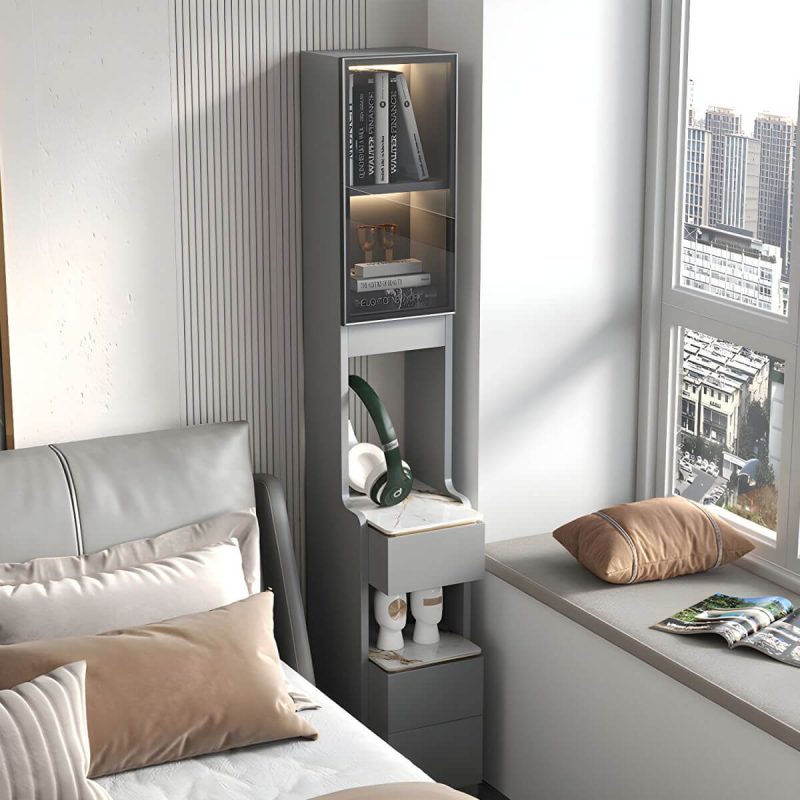 "Modern Grey Wood Nightstand with 3 Drawers in Gray Wood Tone - With Light 1 Piece Without Backboard 30 x 40 x 180 cm"