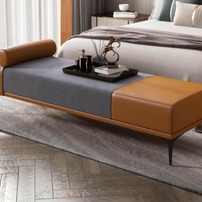 "Modern Fabric and Leather Seating Bench with One Side Arm for Bedroom - Grey"
