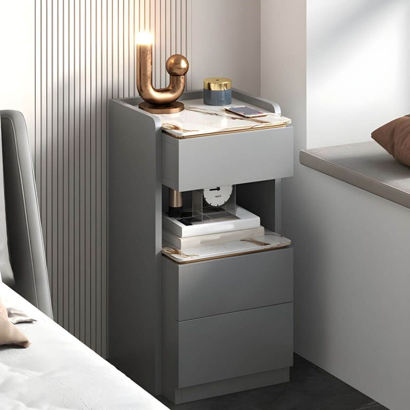 "Modern Grey Wood Nightstand with 3 Drawers in Gray Wood Tone - Without Light 1 Piece With Backboard 40 x 40 x 72 cm"