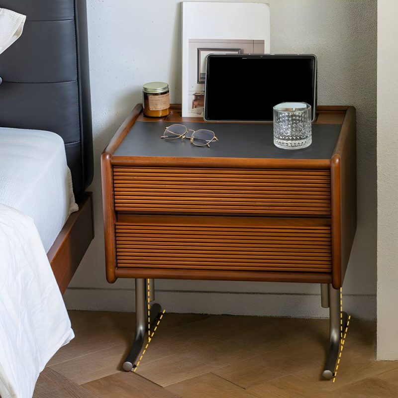 "Elegant Brown Wood Nightstand with Drawer Storage and Stone Countertop - 2 Piece Set"