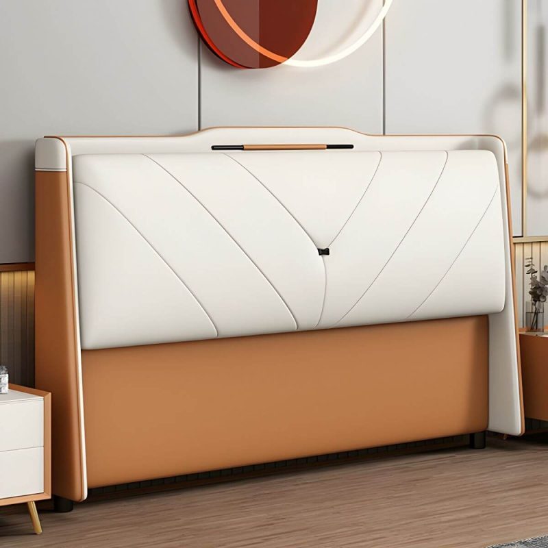 "Modern Upholstered Pine Headboard with Stepped Design and Wood Legs - Tech Cloth 59" Orange/ White"