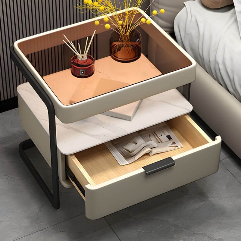 "Modern Wood Nightstand with Glass Countertop and Open Storage - Blue 48 x 40 x 51 cm 2 Piece Set"