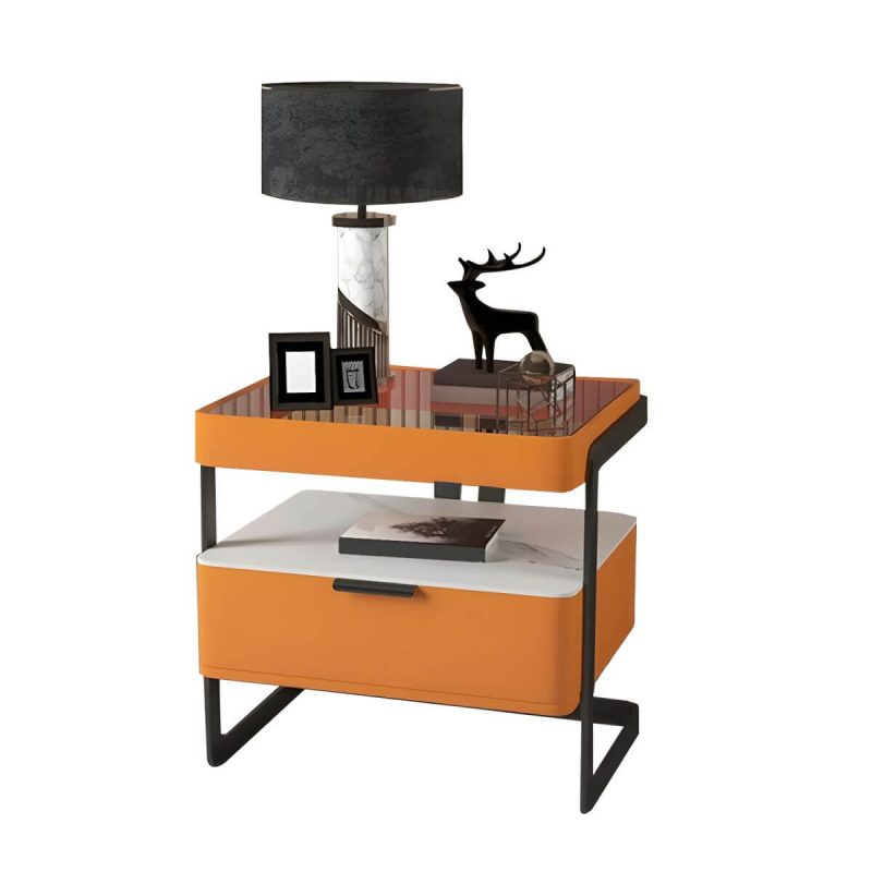 "Modern Wood Nightstand with Glass Countertop and Open Storage - Orange 48 x 40 x 51 cm 1 Piece"