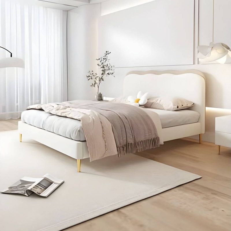"Beige Upholstered Modern Headboard with Rectangular Shape and Wood Legs - 59""