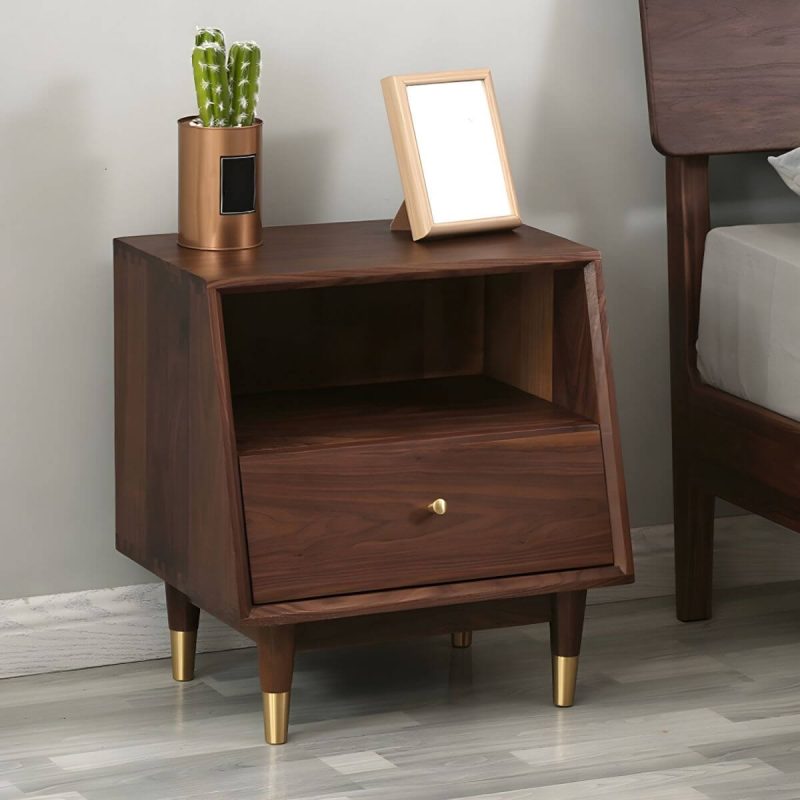 "Elegant Walnut Nightstand with Drawers in Modern Mid-Century Style - 1 Piece 1"