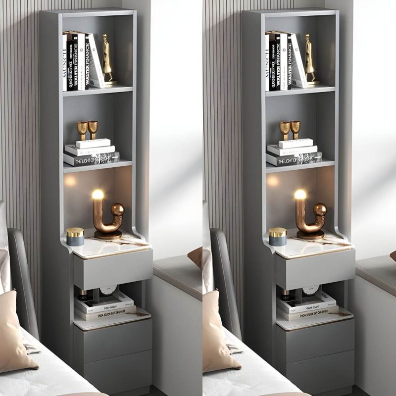 "Modern Grey Wood Nightstand with 3 Drawers in Gray Wood Tone - Without Light 2 Piece Set With Backboard 40 x 40 x 180 cm"
