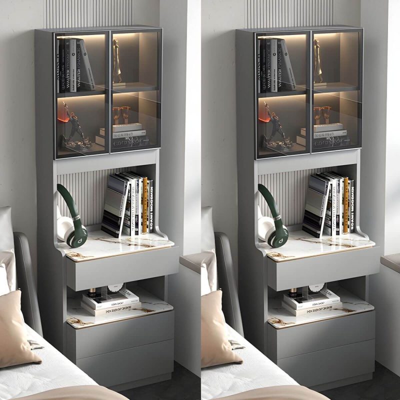 "Modern Grey Wood Nightstand with 3 Drawers in Gray Wood Tone - With Light 2 Piece Set Without Backboard 60 x 40 x 180 cm"